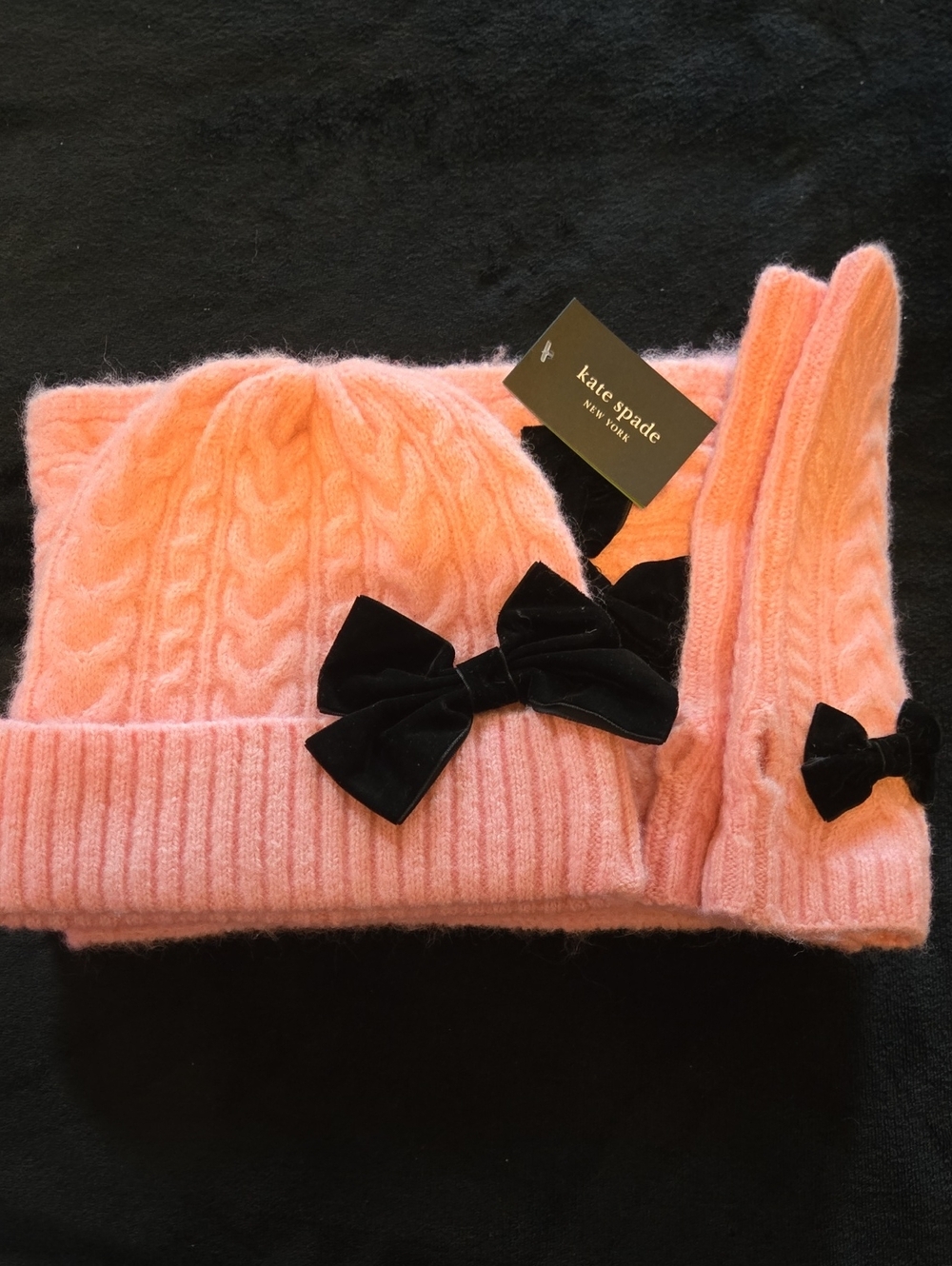 NO OFFERS. Kate Spade Hat, Scarf & Arm Warmers Set with Black Velvet Bows